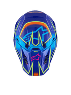 Alpinestars S-M7 Cast Helmet, Motocross Helmet, Blue Pink and Yellow Fluo Glossy, front view featuring vibrant yellow fluo geometric lines, pink Alpinestars star logo on the chin bar, and light blue star logo on the visor area, aerodynamic shell design for off-road racing