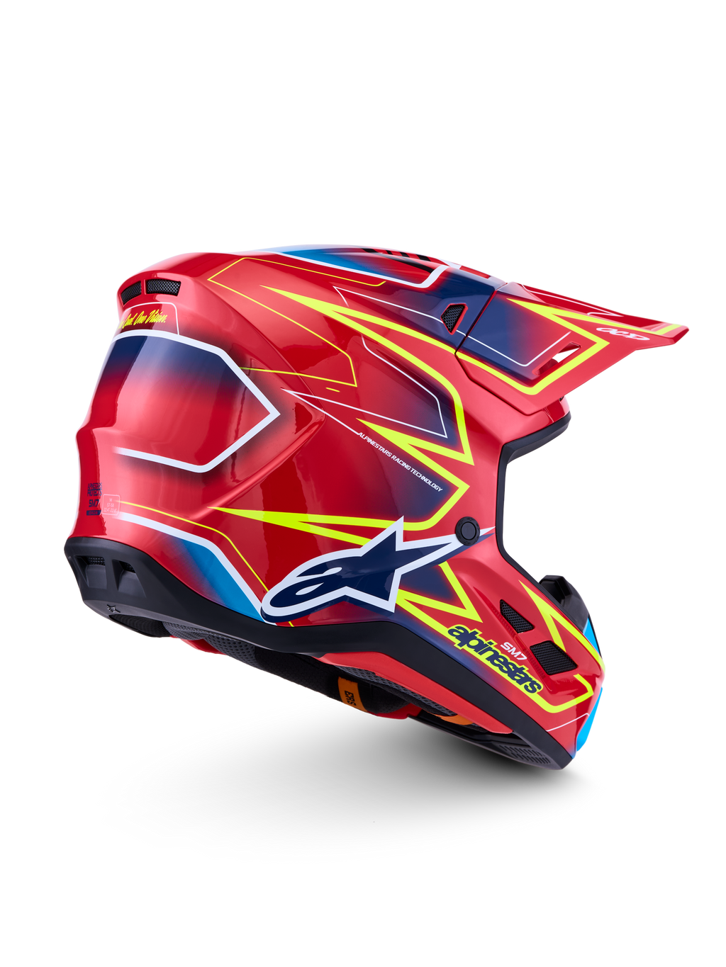 Alpinestars S-M7 Cast ECE06, casco de motocross, rojo, amarillo fluo y azul, acabado brillante, certificación ECE 22.06