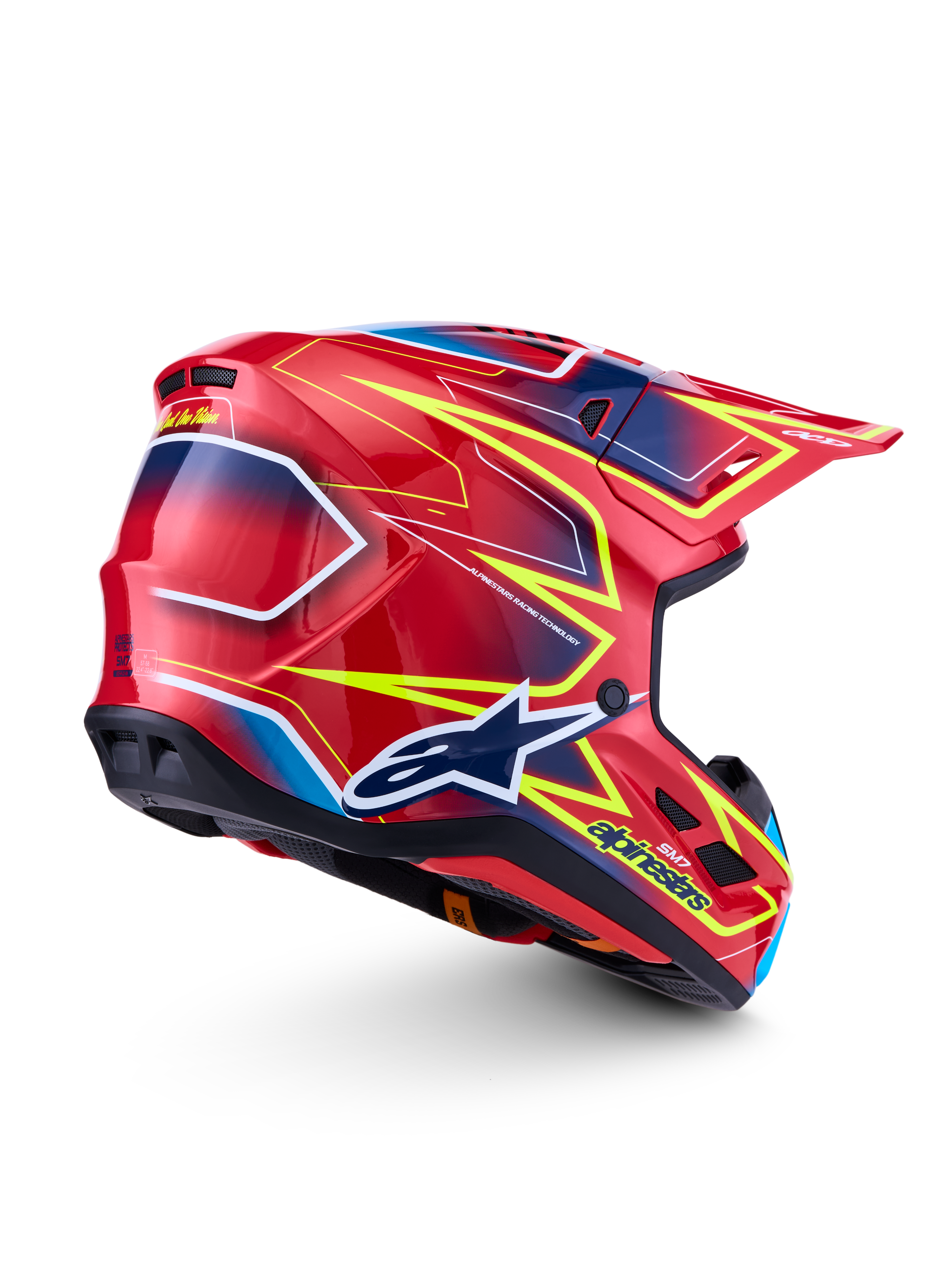 Alpinestars S-M7 Cast ECE06, casco de motocross, rojo, amarillo fluo y azul, acabado brillante, certificación ECE 22.06