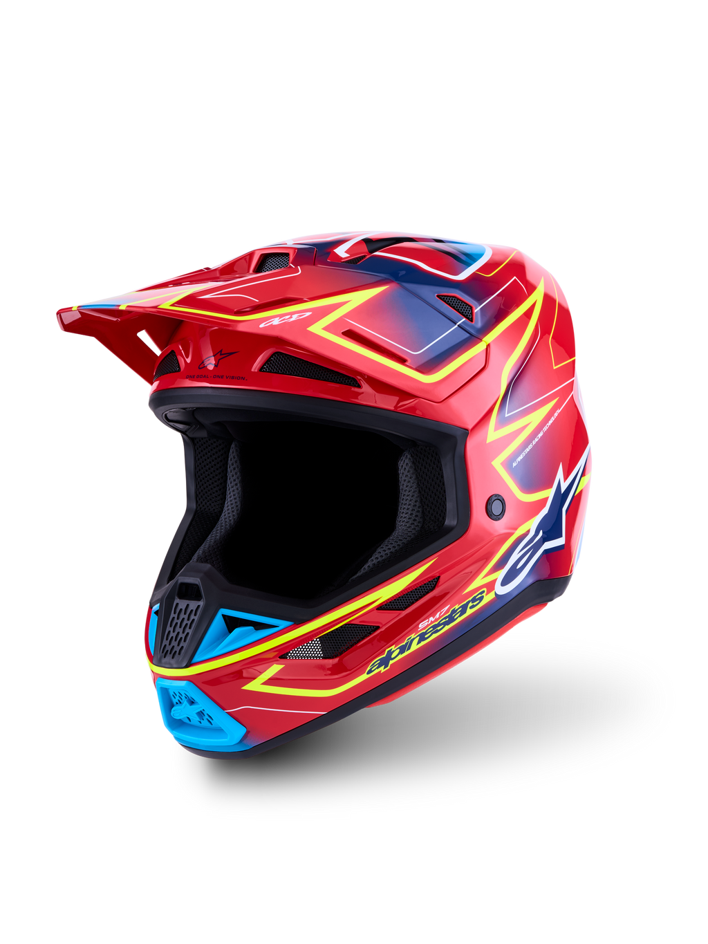 Casco Alpinestars S-M7 Cast ECE06, casco de motocross para carreras off-road, rojo con detalles en amarillo fluo y azul, carcasa de compuesto ligero, certificación ECE 22.06