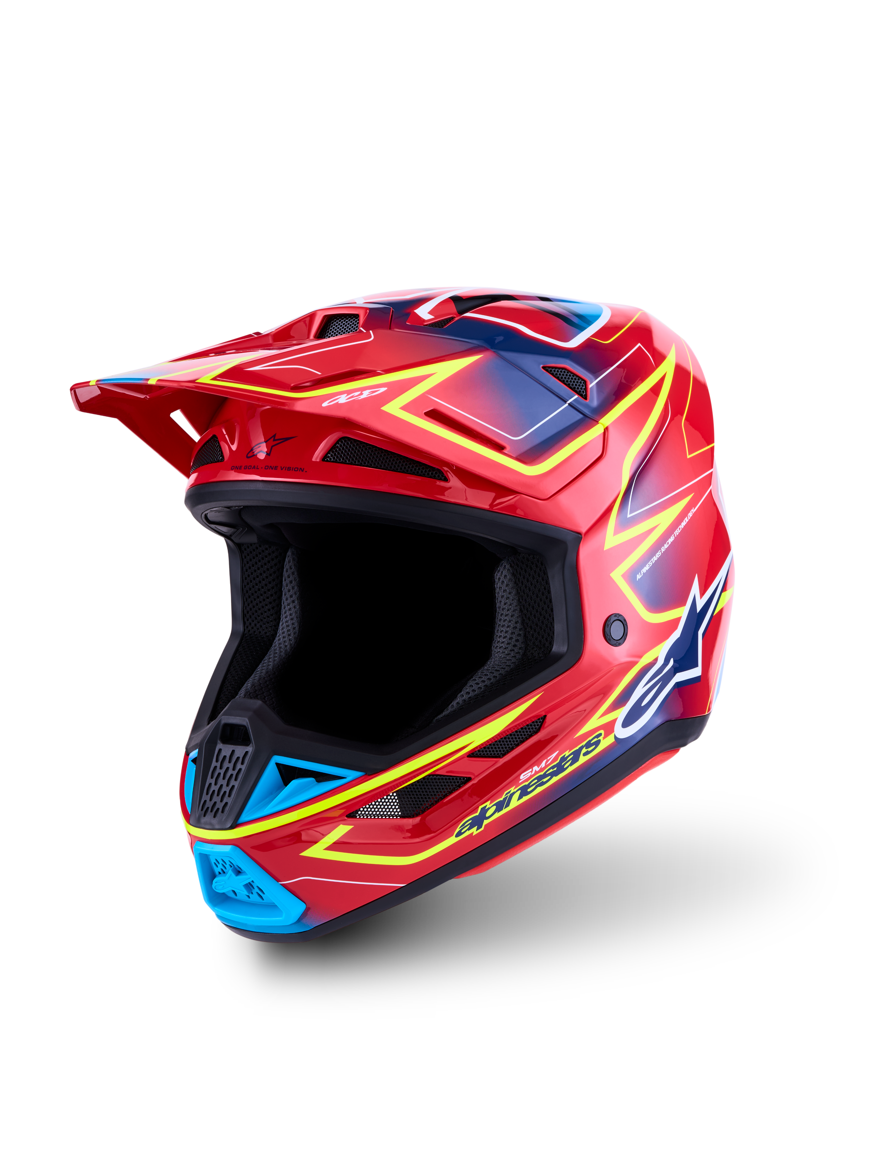 Casco Alpinestars S-M7 Cast ECE06, casco de motocross para carreras off-road, rojo con detalles en amarillo fluo y azul, carcasa de compuesto ligero, certificación ECE 22.06