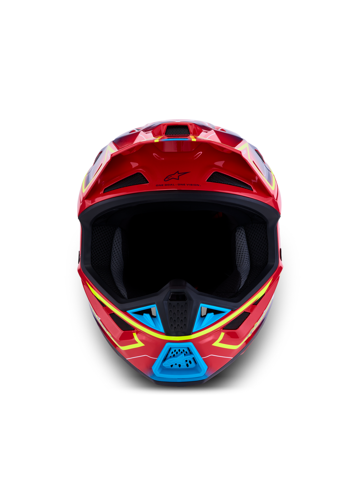Alpinestars S-M7 Cast ECE06, casco de motocross para carreras off-road, rojo brillante con detalles en azul y amarillo flúor, certificado ECE 22.06, ventilación superior y diseño ligero