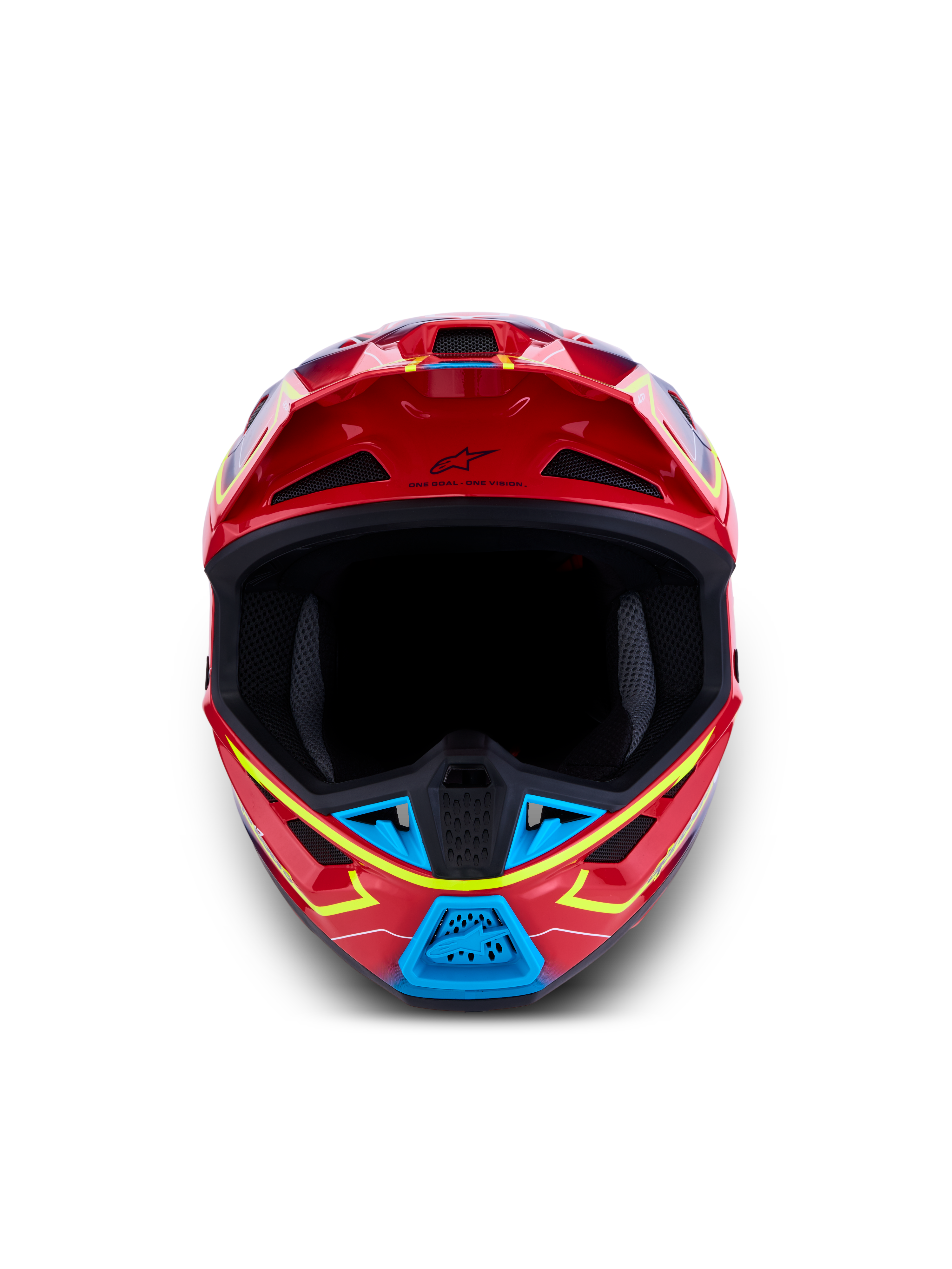 Alpinestars S-M7 Cast ECE06, casco de motocross para carreras off-road, rojo brillante con detalles en azul y amarillo flúor, certificado ECE 22.06, ventilación superior y diseño ligero