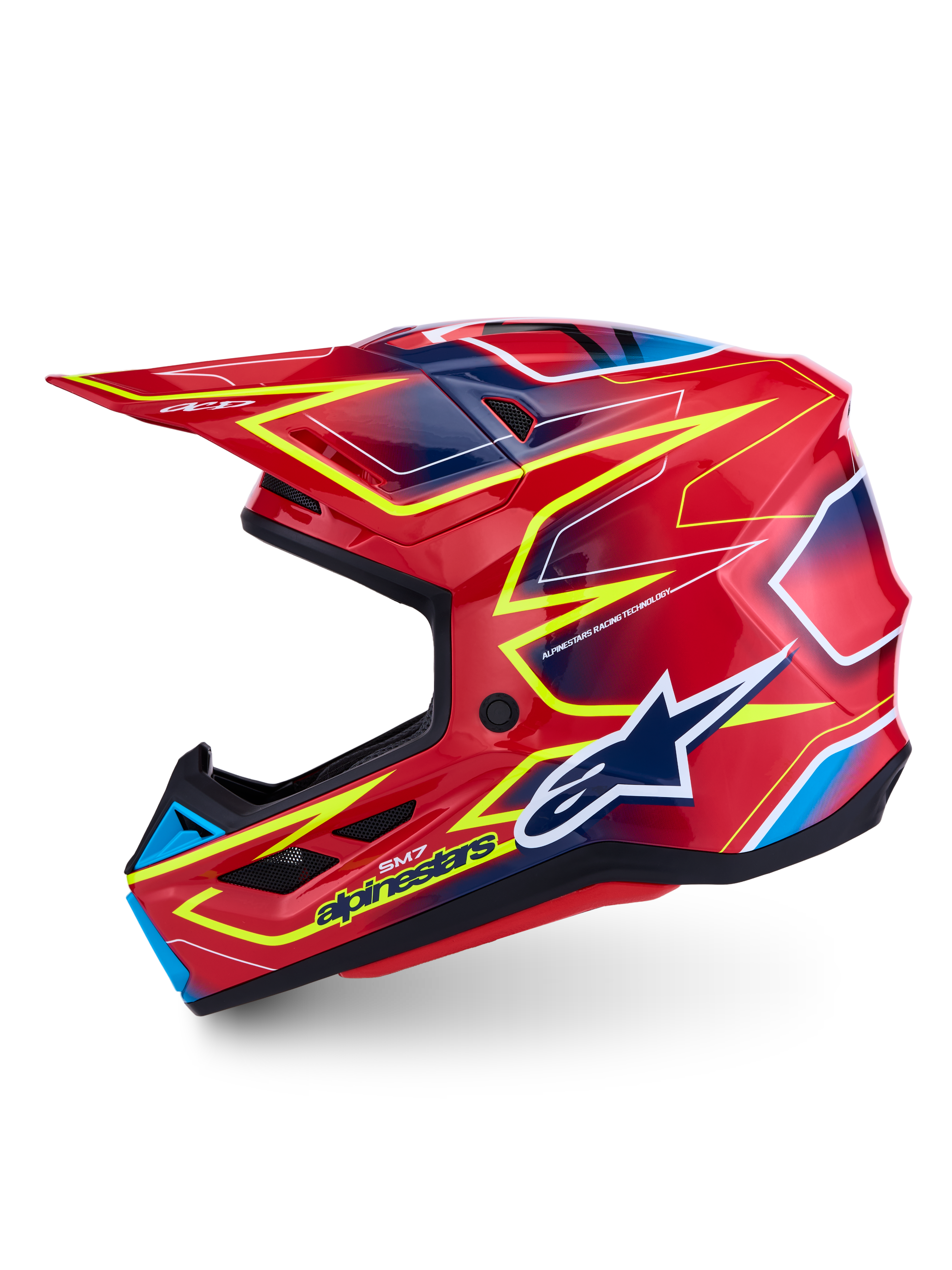 Alpinestars S-M7 Cast ECE06, casco de motocross rojo, amarillo flúor y azul, certificado ECE 22.06, diseño aerodinámico