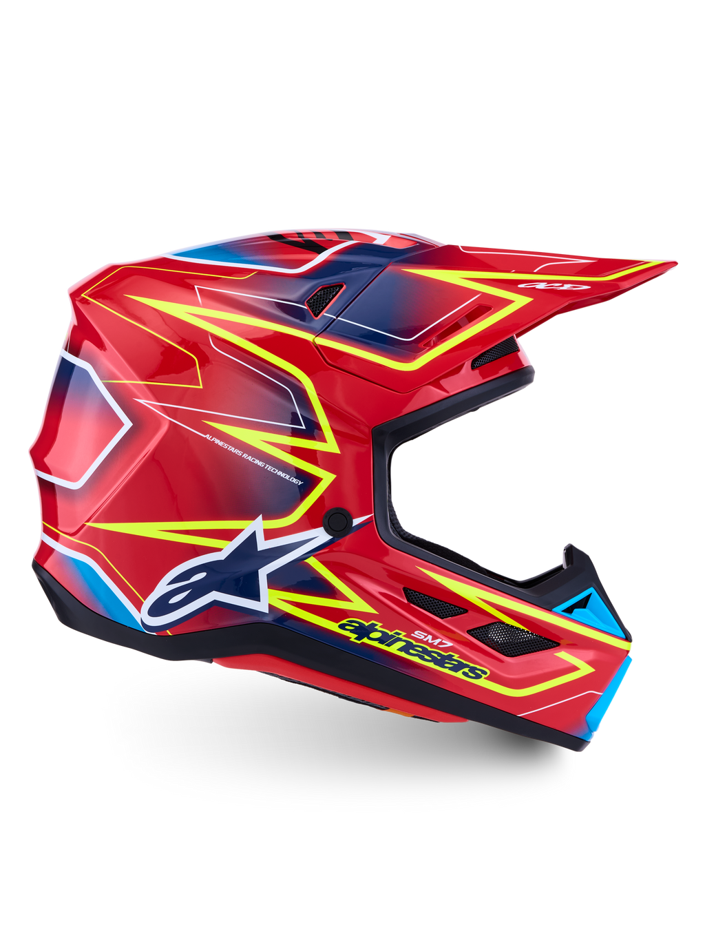 Alpinestars S-M7 Cast, casco de motocross en rojo, amarillo fluorescente y azul, carcasa aerodinámica certificada ECE 22.06