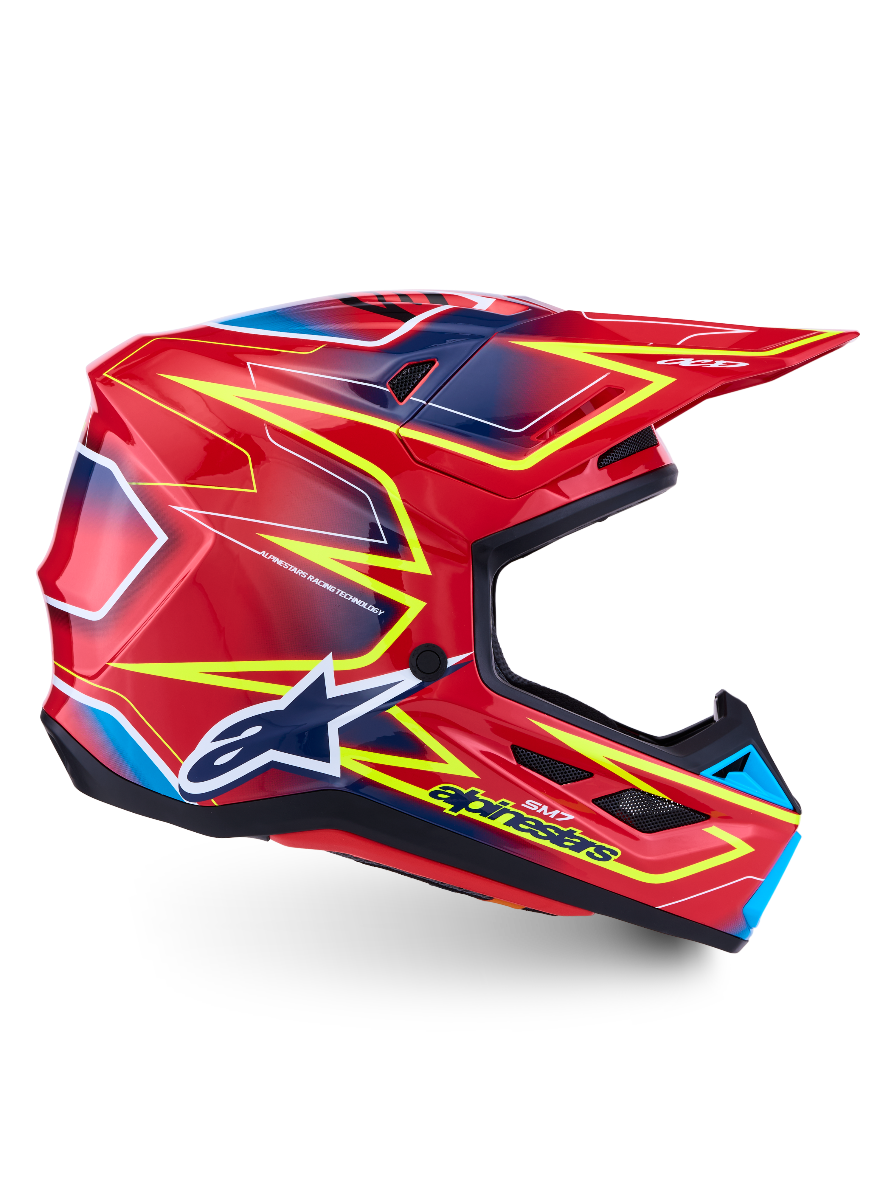 Alpinestars S-M7 Cast, casco de motocross en rojo, amarillo fluorescente y azul, carcasa aerodinámica certificada ECE 22.06