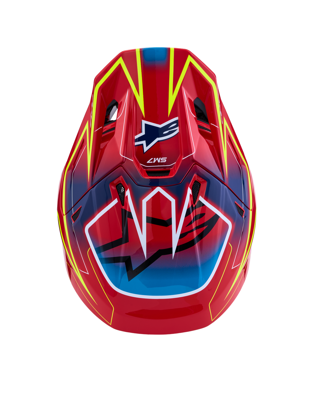 Alpinestars S-M7 Cast ECE06, casco de motocross rojo, amarillo fluo y azul brillante, certificado ECE 22.06, vista superior.
