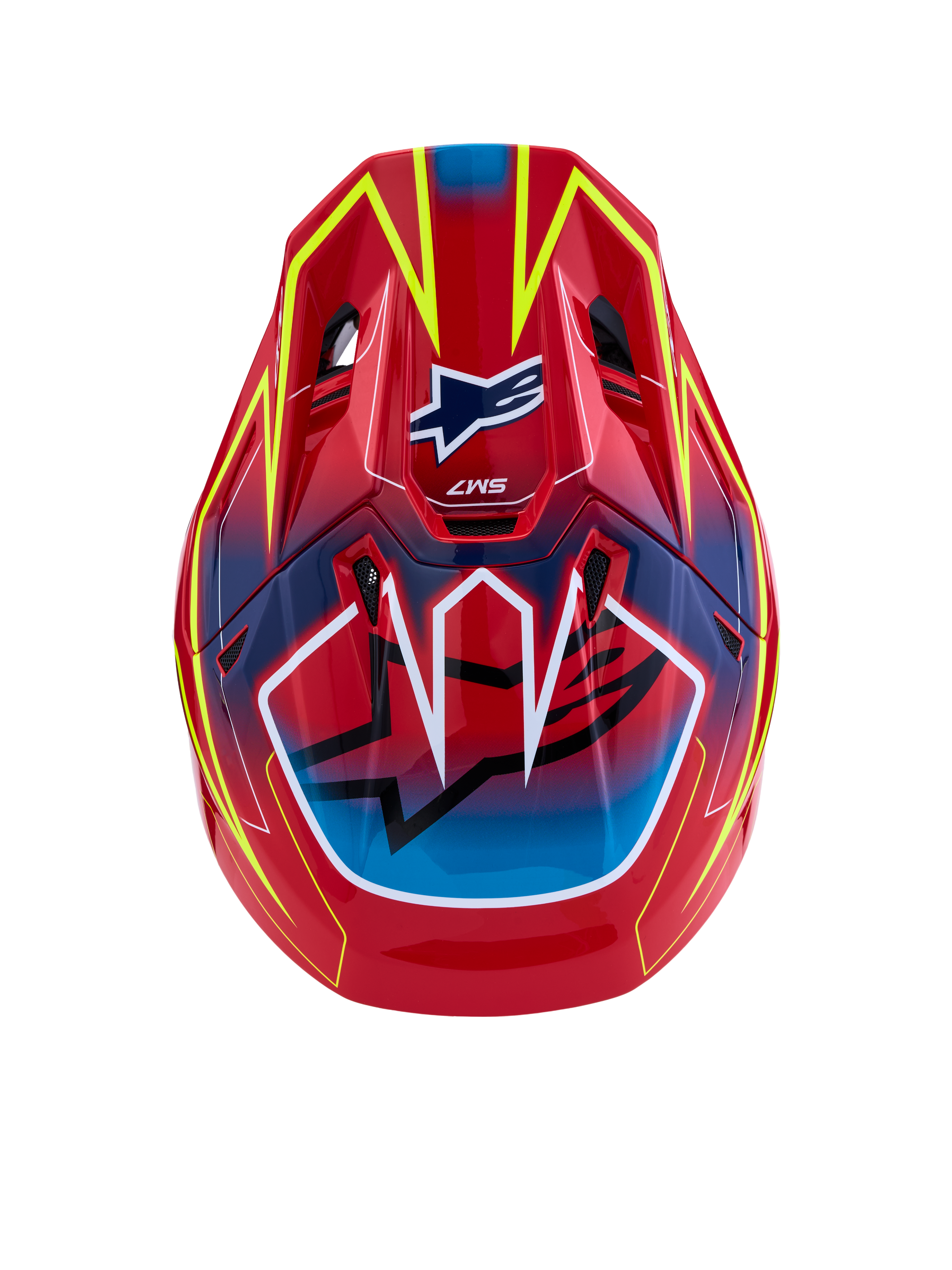 Alpinestars S-M7 Cast ECE06, casco de motocross rojo, amarillo fluo y azul brillante, certificado ECE 22.06, vista superior.