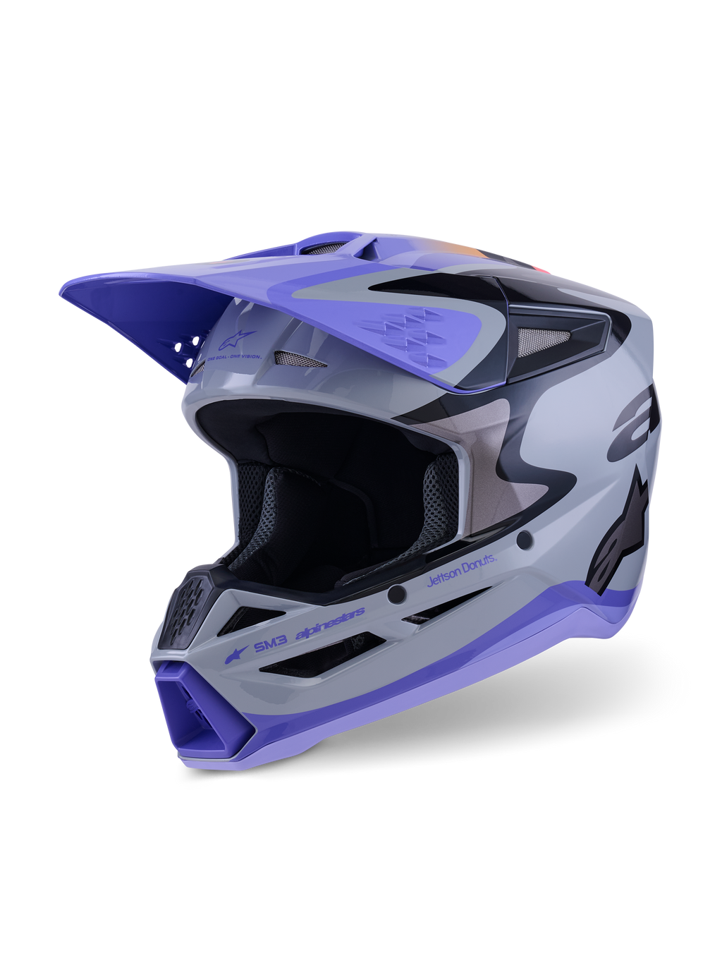 Casco Alpinestars S-M3 Jettson ECE 22.06, casco de motocross, gris, púrpura y negro brillante, vista frontal de tres cuartos con visera púrpura, detalles de marca en negro y múltiples puertos de ventilación para rendimiento off-road.