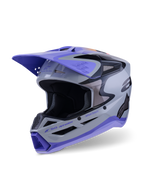 Casco Alpinestars S-M3 Jettson ECE 22.06, casco de motocross, gris, púrpura y negro brillante, vista frontal de tres cuartos con visera púrpura, detalles de marca en negro y múltiples puertos de ventilación para rendimiento off-road.
