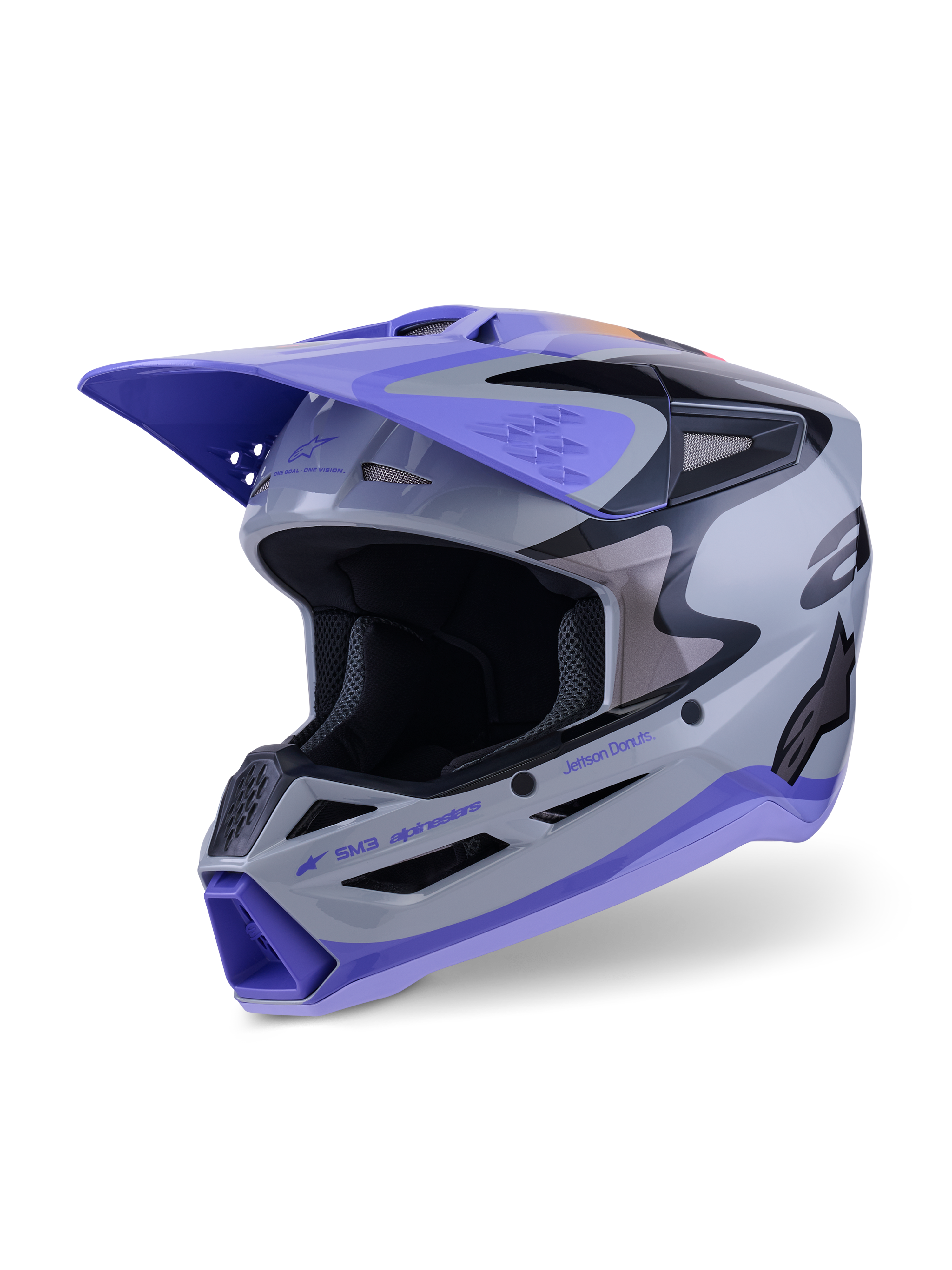 Casco Alpinestars S-M3 Jettson ECE 22.06, casco de motocross, gris, púrpura y negro brillante, vista frontal de tres cuartos con visera púrpura, detalles de marca en negro y múltiples puertos de ventilación para rendimiento off-road.