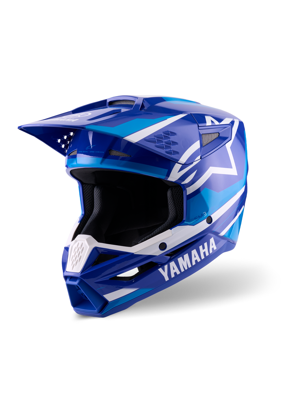 Casco Alpinestars Yamaha S-M3, casco de motocross, azul y blanco brillante, con logotipos destacados de Yamaha y el logo de la estrella de Alpinestars, diseño angular con visera y mentonera ventilada, equipamiento profesional para carreras todoterreno