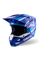 Casco Alpinestars Yamaha S-M3, casco de motocross, azul y blanco brillante, con logotipos destacados de Yamaha y el logo de la estrella de Alpinestars, diseño angular con visera y mentonera ventilada, equipamiento profesional para carreras todoterreno