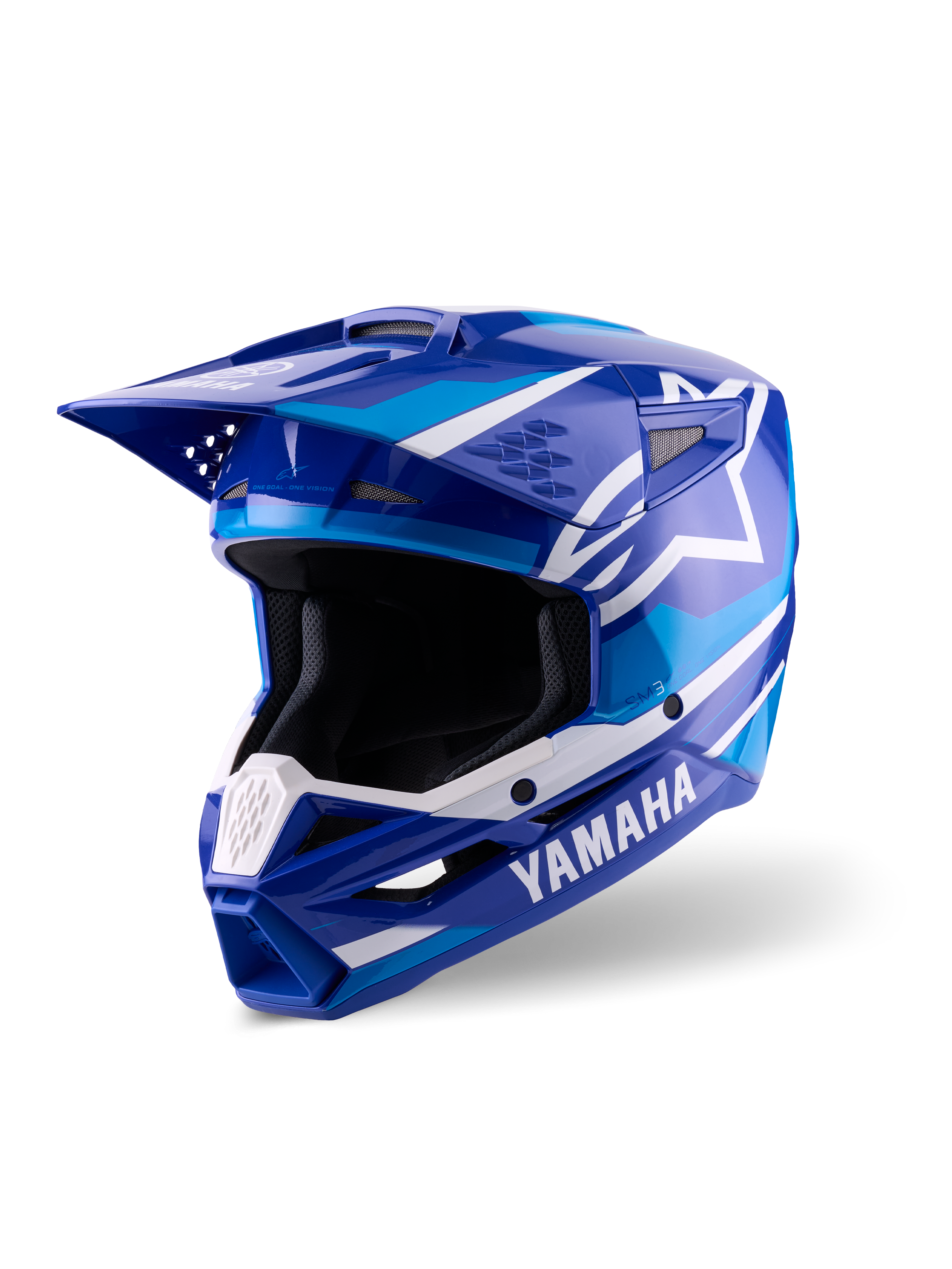 Casco Alpinestars Yamaha S-M3, casco de motocross, azul y blanco brillante, con logotipos destacados de Yamaha y el logo de la estrella de Alpinestars, diseño angular con visera y mentonera ventilada, equipamiento profesional para carreras todoterreno
