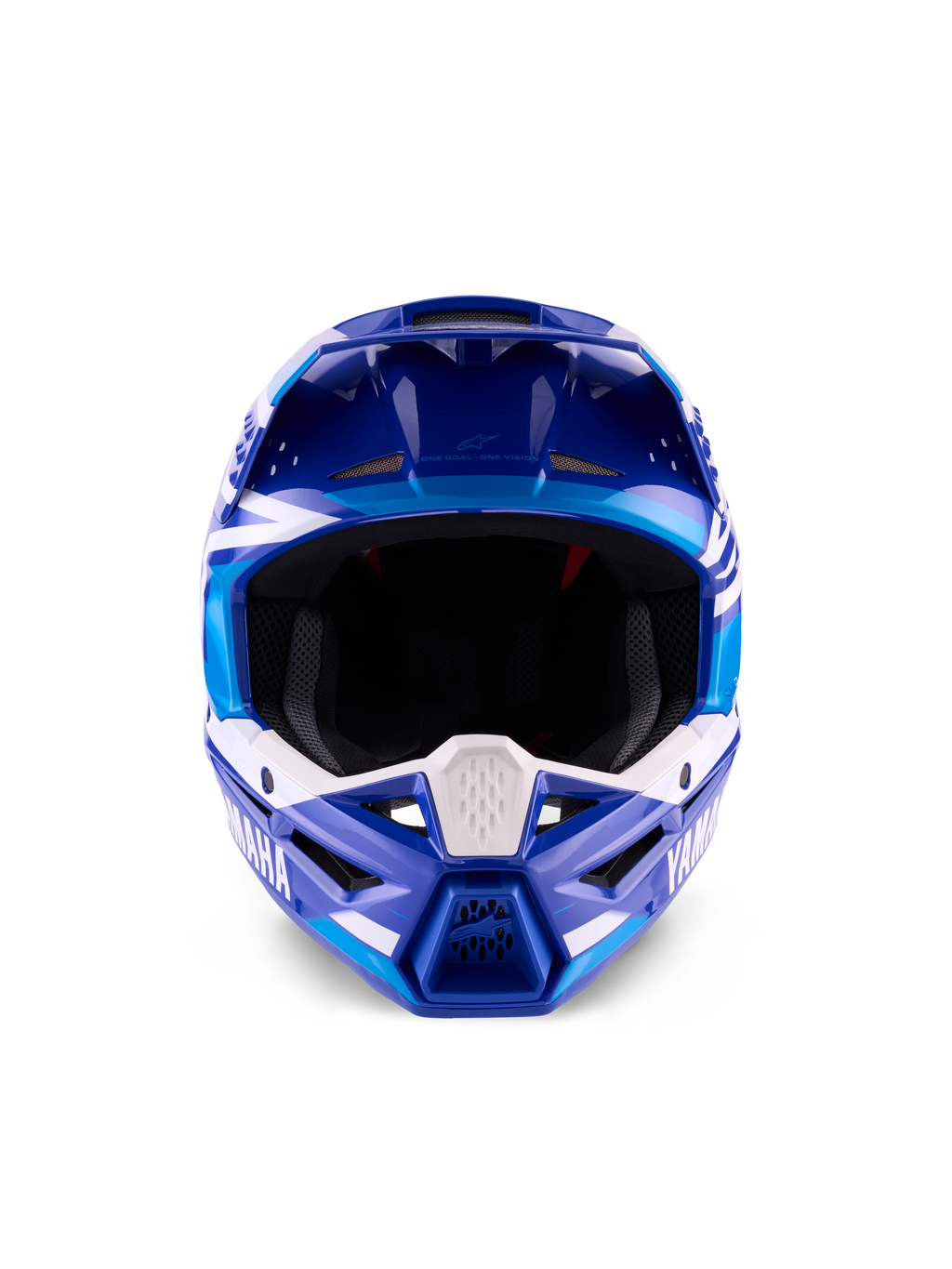 Casco Yamaha S-M3 ECE 22.06, casco de motocross, azul y blanco brillante, vista frontal destacando la mentonera protectora con la marca Yamaha y múltiples puertos de ventilación.