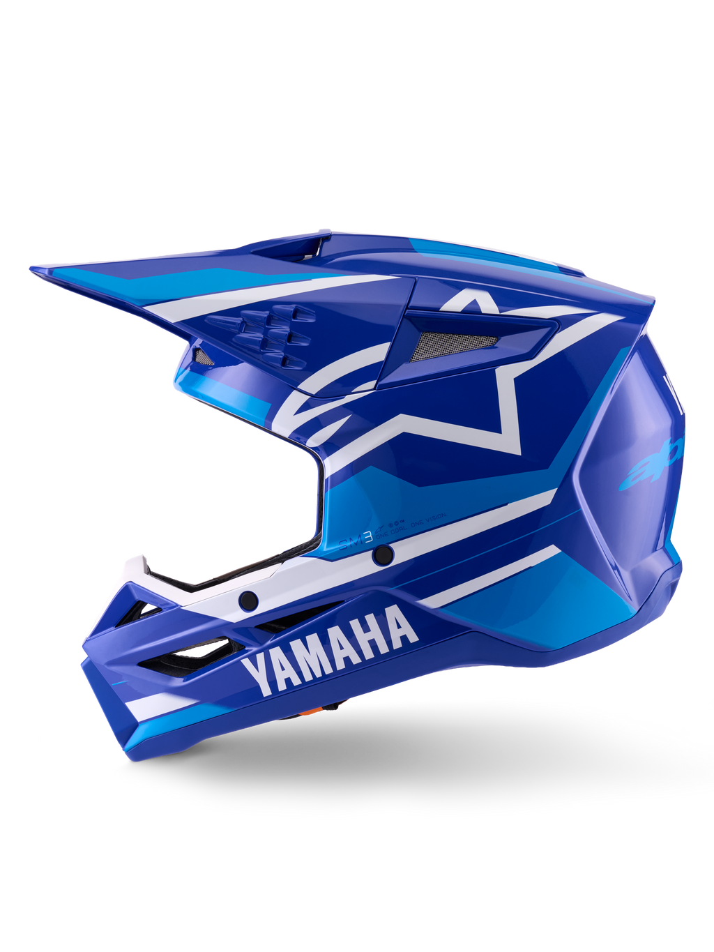 Casco Alpinestars Yamaha S-M3, casco de motocross, azul y blanco brillante, vista de perfil lateral con la marca Yamaha en la mentonera y el logo de la estrella de Alpinestars, calota aerodinámica con puertos de ventilación para carreras off-road