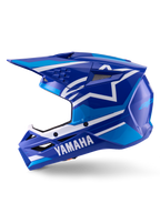 Casco Alpinestars Yamaha S-M3, casco de motocross, azul y blanco brillante, vista de perfil lateral con la marca Yamaha en la mentonera y el logo de la estrella de Alpinestars, calota aerodinámica con puertos de ventilación para carreras off-road