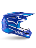 Alpinestars Yamaha S-M3 Helmet ECE 22.06, casco de motocross, azul y blanco brillante, con logotipos de Yamaha destacados y patrones geométricos, diseño aerodinámico con ventilaciones de malla negra y visera puntiaguda, equipo profesional de off-road
