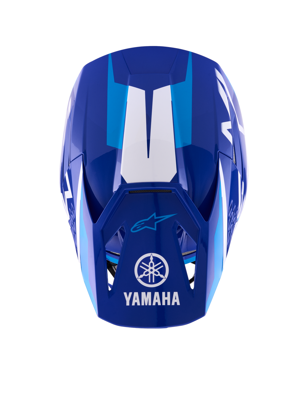 Casco Alpinestars Yamaha S-M3, casco de motocross, azul y blanco brillante, vista superior que muestra la visera con el logotipo y la marca Yamaha en blanco, detalles gráficos en azul claro y un diseño de calota aerodinámico y agresivo.