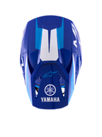 Casco Alpinestars Yamaha S-M3, casco de motocross, azul y blanco brillante, vista superior que muestra la visera con el logotipo y la marca Yamaha en blanco, detalles gráficos en azul claro y un diseño de calota aerodinámico y agresivo.