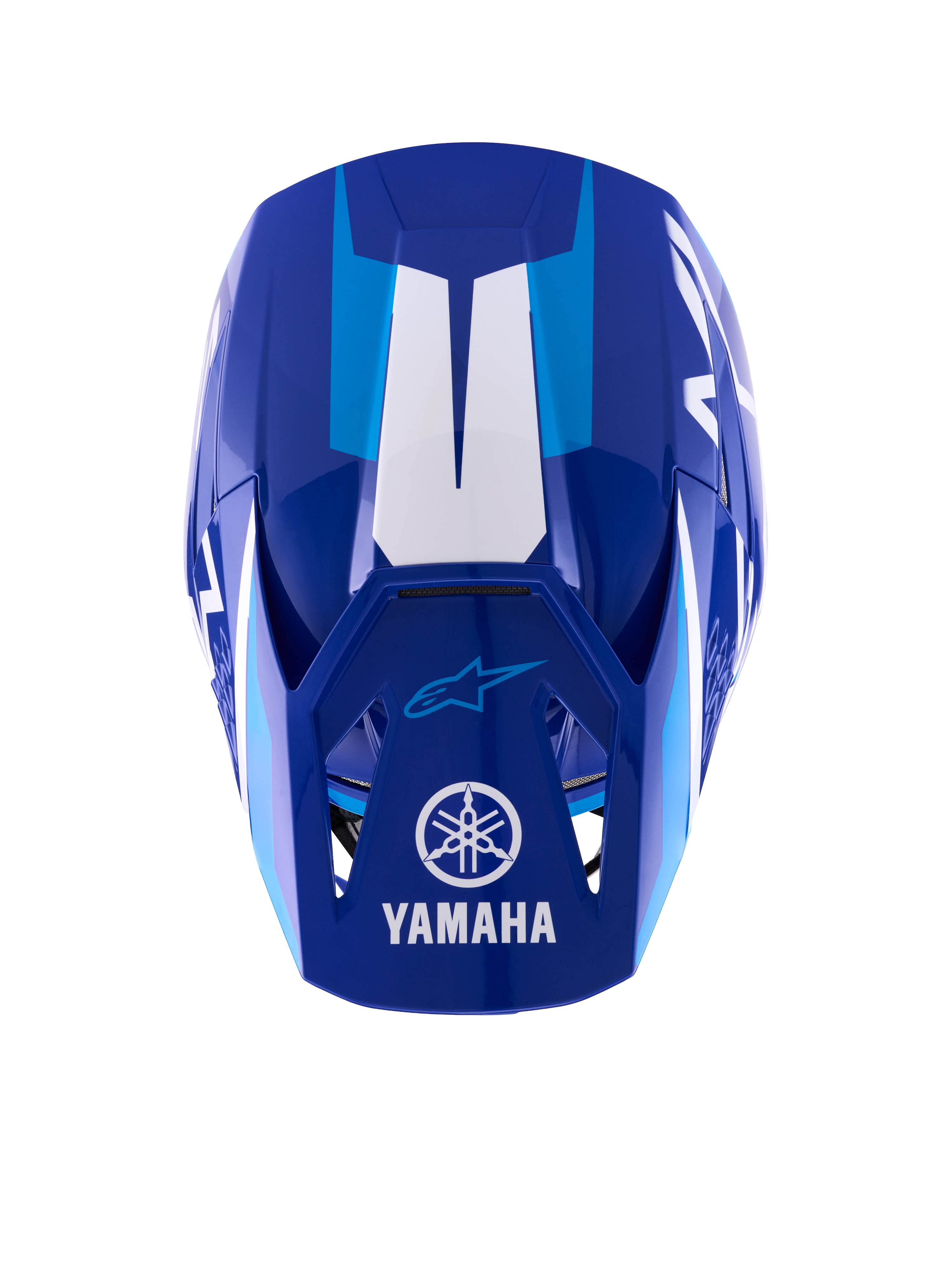 Casco Alpinestars Yamaha S-M3, casco de motocross, azul y blanco brillante, vista superior que muestra la visera con el logotipo y la marca Yamaha en blanco, detalles gráficos en azul claro y un diseño de calota aerodinámico y agresivo.