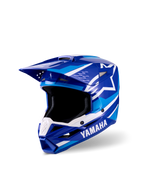 Casco de motocross juvenil Alpinestars Yamaha S-M3, acabado brillante azul y blanco, con logotipos destacados de Yamaha y Alpinestars, diseño de visera aerodinámico, amplia apertura para gafas y mentonera ventilada para el rendimiento en carreras todoterreno