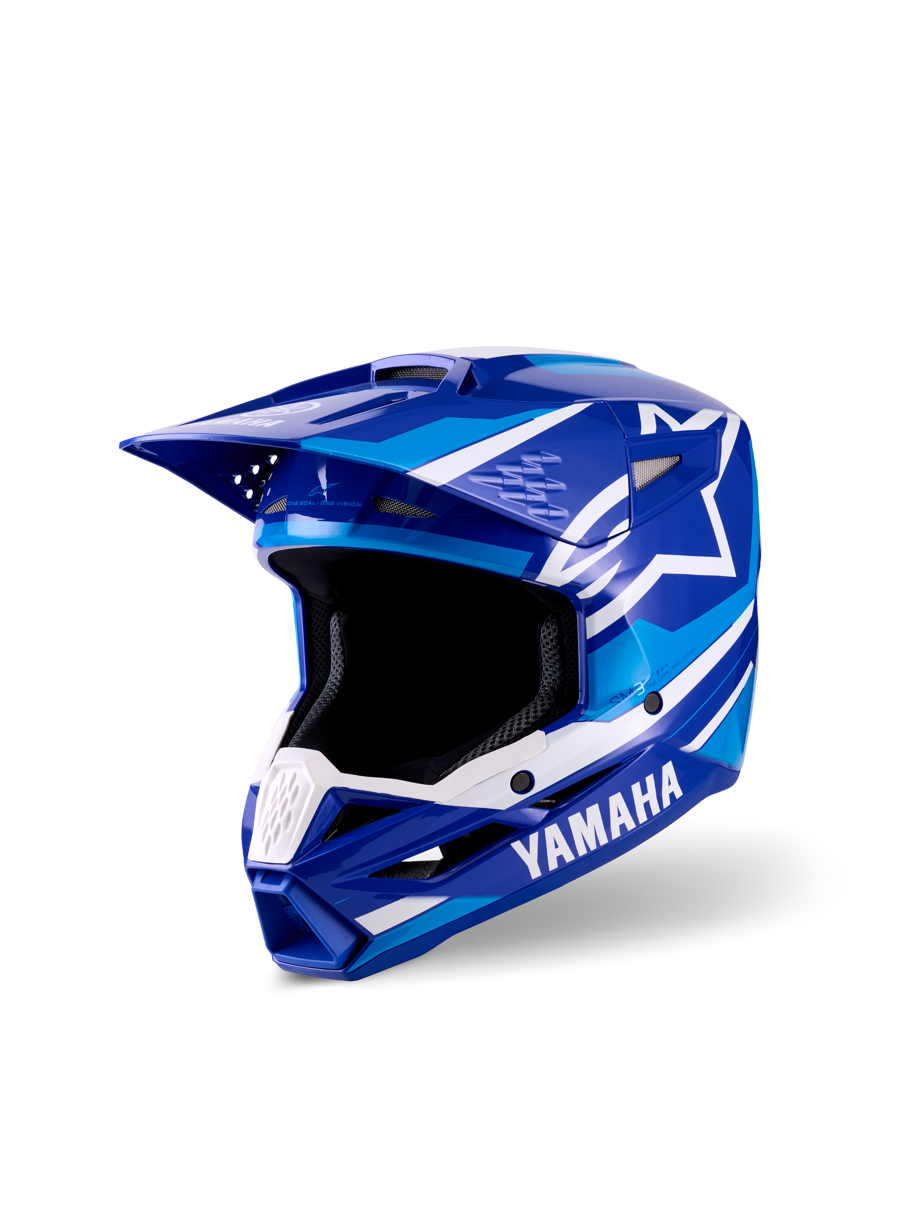 Casco de motocross juvenil Alpinestars Yamaha S-M3, acabado brillante azul y blanco, con logotipos destacados de Yamaha y Alpinestars, diseño de visera aerodinámico, amplia apertura para gafas y mentonera ventilada para el rendimiento en carreras todoterreno