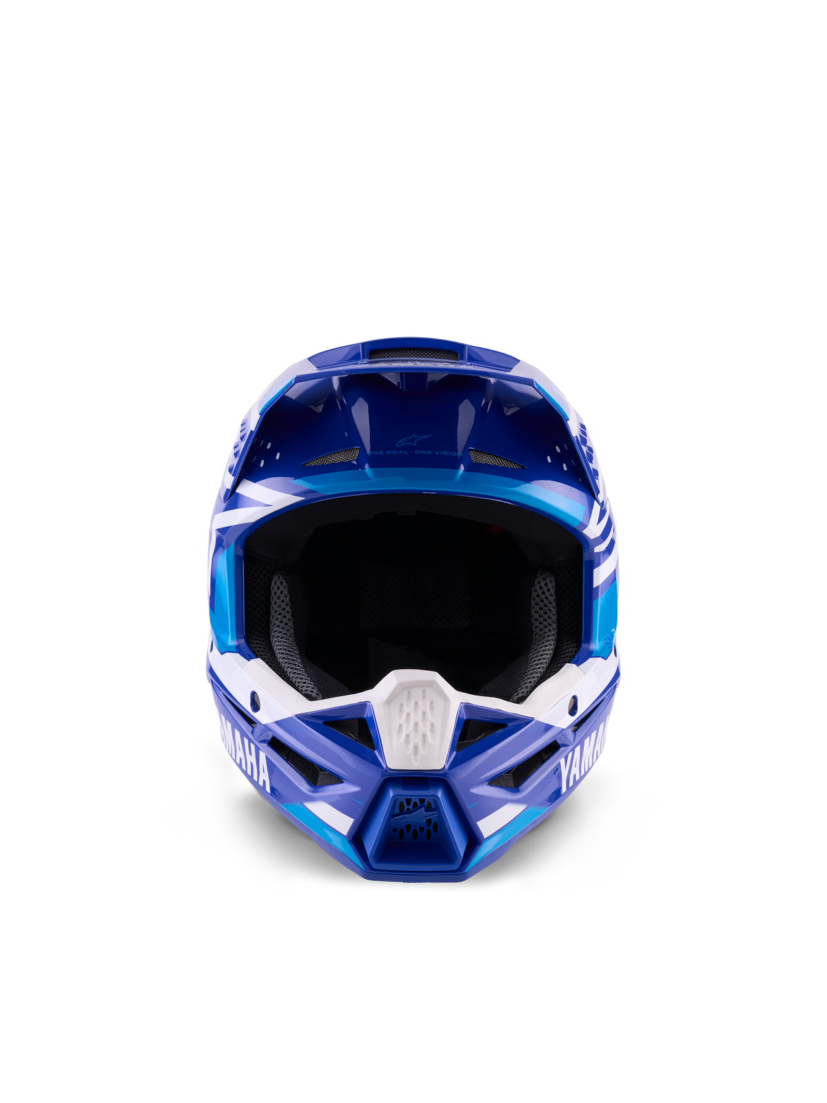 Casco de motocross juvenil Alpinestars Yamaha S-M3, azul y blanco brillante, vista frontal que destaca el amplio puerto ocular y el diseño agresivo de la mentonera, cuenta con la marca Yamaha y gráficos geométricos, protección profesional para la cabeza en off-road para jóvenes pilotos