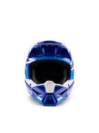 Casco de motocross juvenil Alpinestars Yamaha S-M3, azul y blanco brillante, vista frontal que destaca el amplio puerto ocular y el diseño agresivo de la mentonera, cuenta con la marca Yamaha y gráficos geométricos, protección profesional para la cabeza en off-road para jóvenes pilotos