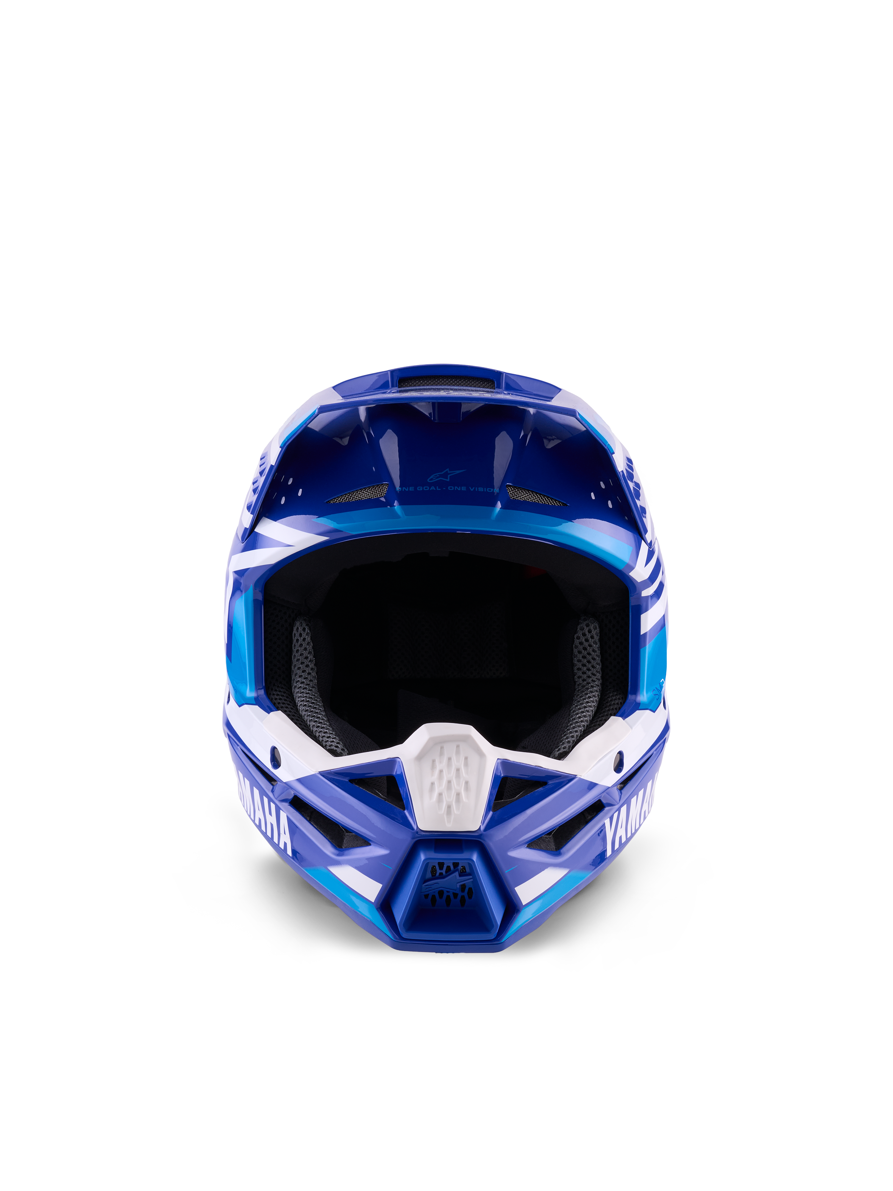 Casco de motocross juvenil Alpinestars Yamaha S-M3, azul y blanco brillante, vista frontal que destaca el amplio puerto ocular y el diseño agresivo de la mentonera, cuenta con la marca Yamaha y gráficos geométricos, protección profesional para la cabeza en off-road para jóvenes pilotos