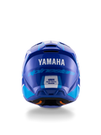 Casco de motocross juvenil Yamaha S-M3, vista trasera, azul y blanco brillante, con logotipos destacados de Yamaha y Alpinestars, diseño de calota aerodinámica con etiqueta de certificación de seguridad ECE 22.06, protección profesional para carreras todoterreno