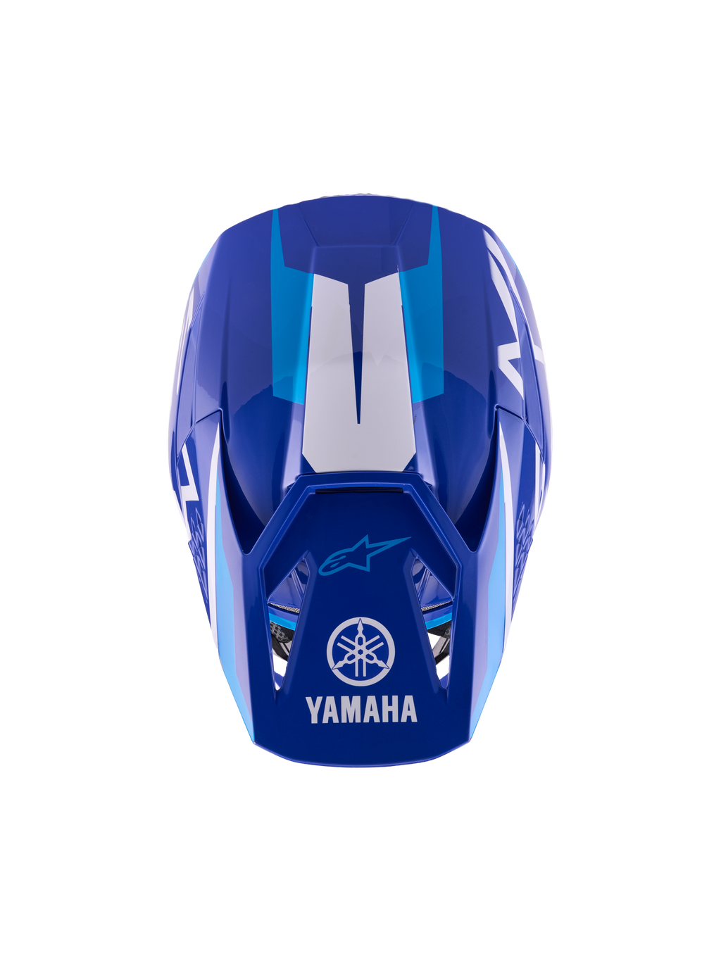 Casco de motocross juvenil Alpinestars Yamaha S-M3, azul y blanco brillante, vista superior de la calota exterior y la visera con los logos de Yamaha y Alpinestars, diseño aerodinámico con acabado brillante y detalles gráficos en blanco.