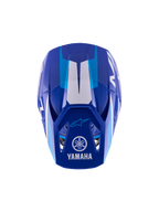Casco de motocross juvenil Alpinestars Yamaha S-M3, azul y blanco brillante, vista superior de la calota exterior y la visera con los logos de Yamaha y Alpinestars, diseño aerodinámico con acabado brillante y detalles gráficos en blanco.