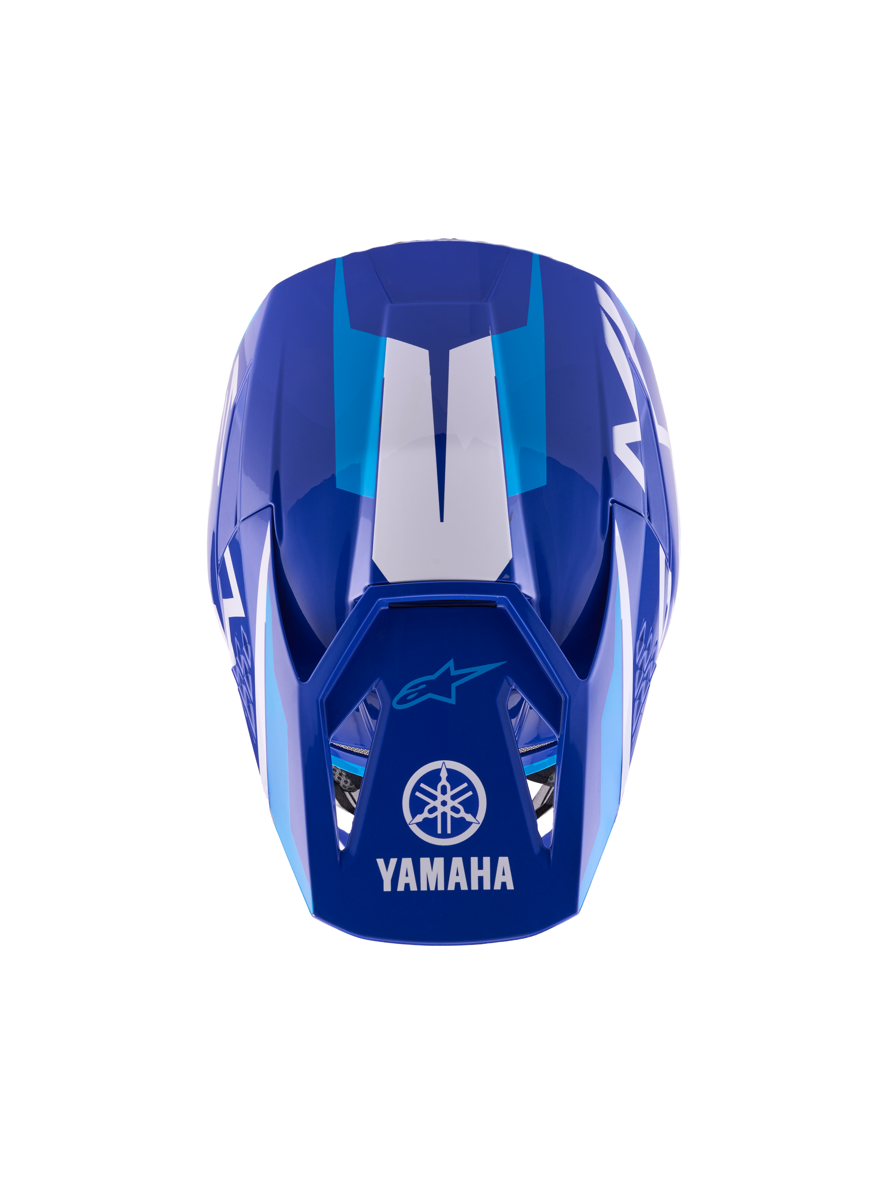Casco de motocross juvenil Alpinestars Yamaha S-M3, azul y blanco brillante, vista superior de la calota exterior y la visera con los logos de Yamaha y Alpinestars, diseño aerodinámico con acabado brillante y detalles gráficos en blanco.