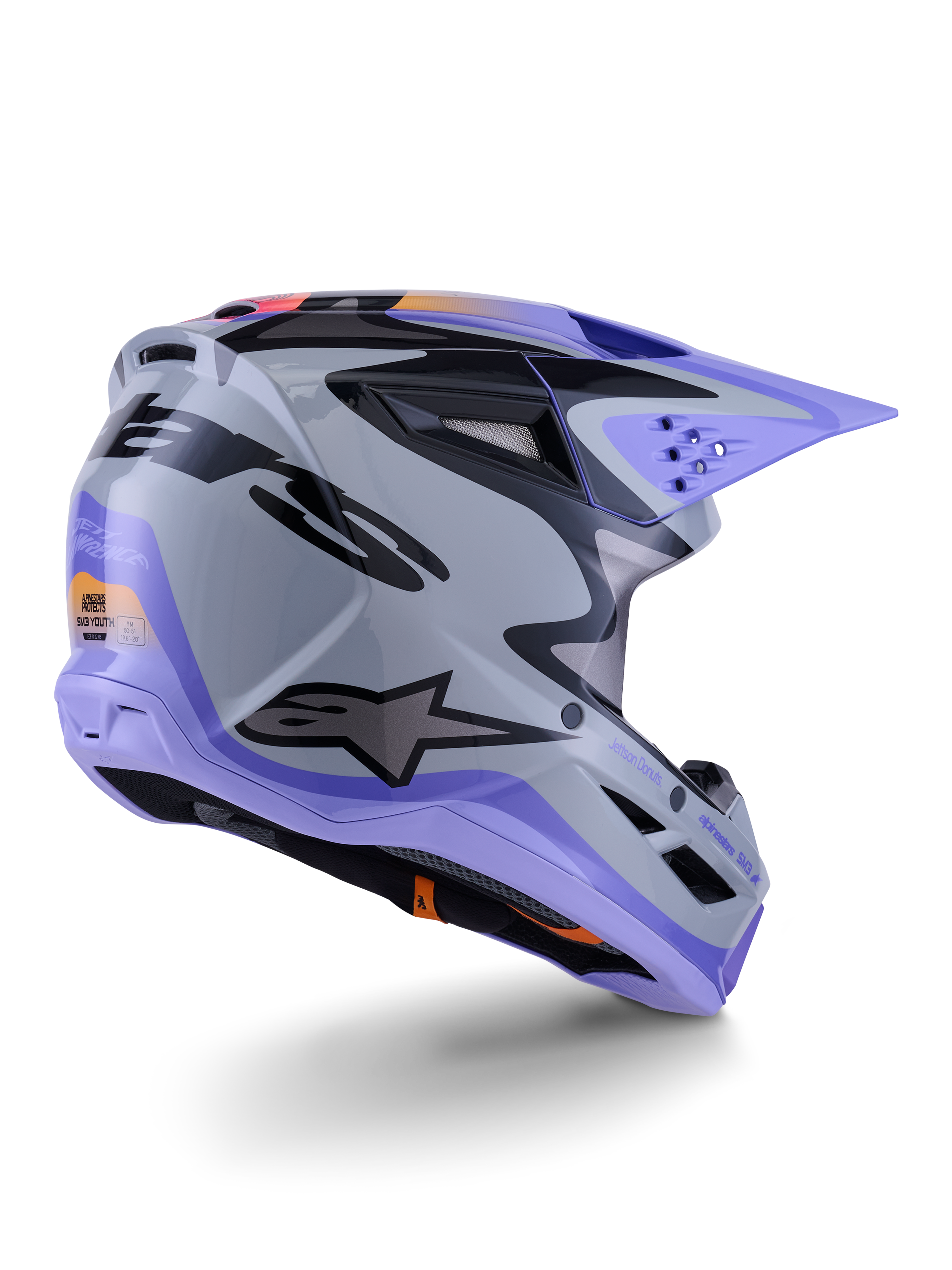 Casco Alpinestars S-M3 Jettson Juvenil, casco de motocross, gris, morado y negro brillante, vista trasera de tres cuartos, con visera morada, logotipo de Alpinestars en negro y múltiples puertos de ventilación, diseño estilizado para carreras off-road juveniles