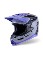 Casco Alpinestars S-M3 Jettson Juvenil ECE 22.06, casco de motocross, gris, morado y negro brillante, con visera y mentonera moradas, calota aerodinámica con puertos de ventilación de malla, gráficos llamativos para carreras off-road juveniles