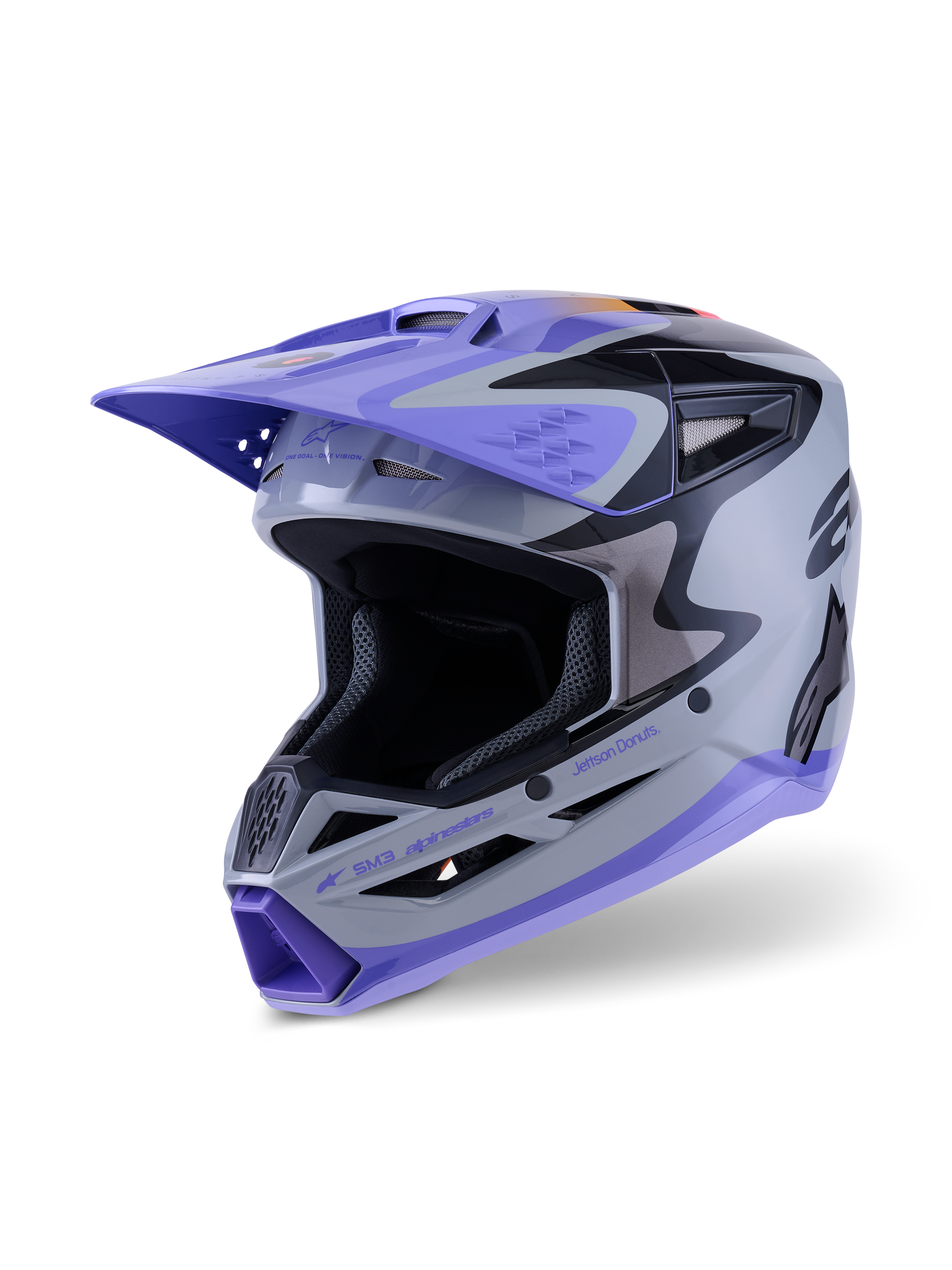 Casco Alpinestars S-M3 Jettson Juvenil ECE 22.06, casco de motocross, gris, morado y negro brillante, con visera y mentonera moradas, calota aerodinámica con puertos de ventilación de malla, gráficos llamativos para carreras off-road juveniles