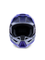 Casco Alpinestars S-M3 Jettson, casco de motocross, gris, púrpura y negro brillante, vista frontal con un amplio puerto ocular y mentonera ventilada con detalles púrpuras, diseño de carcasa termoinyectada para rendimiento todoterreno