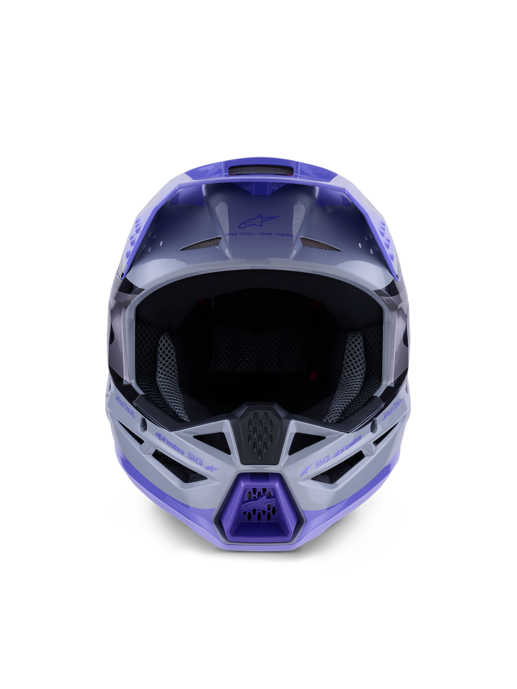 Casco juvenil Alpinestars S-M3 Jettson, casco de motocross, acabado brillante en gris, púrpura y negro, vista frontal con amplia apertura para gafas y mentonera ventilada, protección profesional para todoterreno