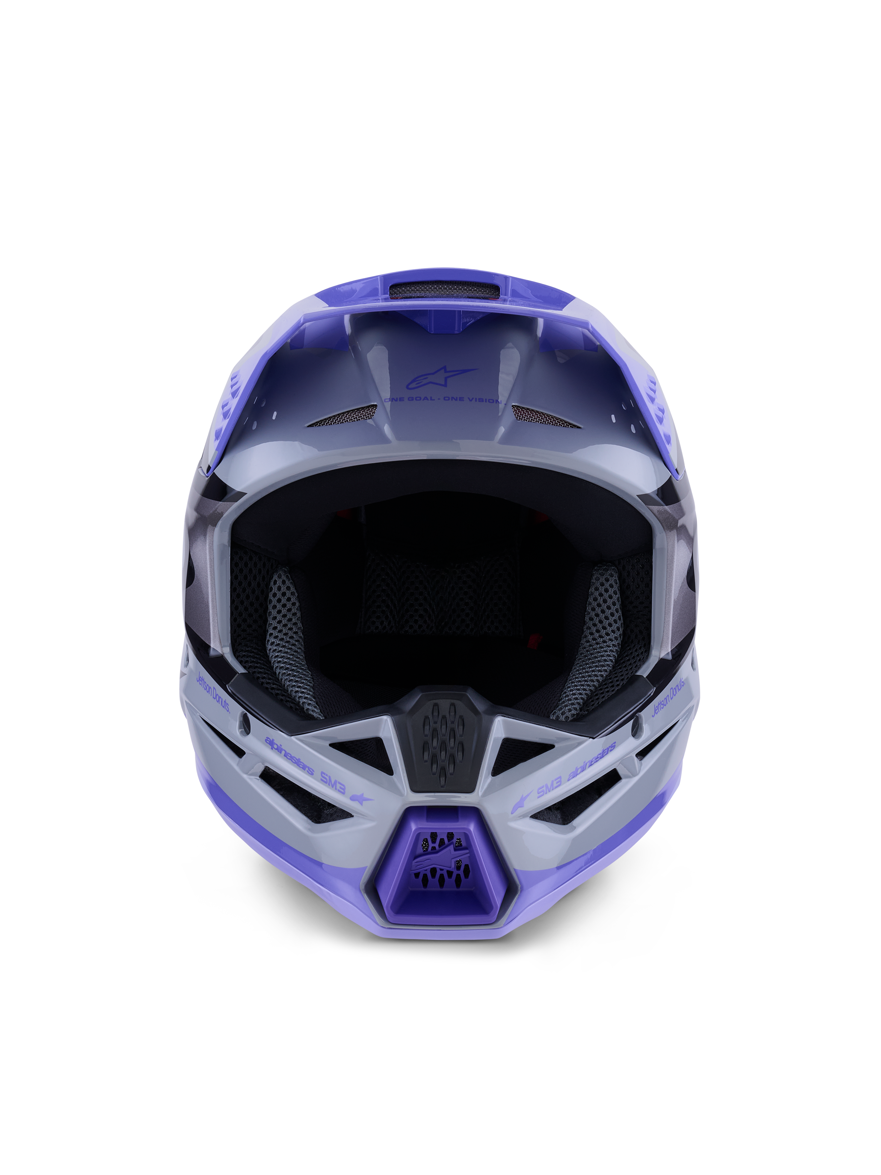 Casco juvenil Alpinestars S-M3 Jettson, casco de motocross, acabado brillante en gris, púrpura y negro, vista frontal con amplia apertura para gafas y mentonera ventilada, protección profesional para todoterreno