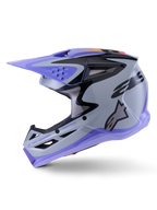 Casco Alpinestars S-M3 Jettson Juvenil, casco de motocross, gris, púrpura y negro brillante, con visera y borde inferior púrpuras, patrones gráficos negros con logotipo lateral, protección profesional para la cabeza en carreras todoterreno juveniles