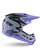 Casco juvenil Alpinestars S-M3 Jettson, casco de motocross, gris, morado y negro brillante, perfil lateral con gráficos angulares definidos y marca 'Jettson Donuts', diseño de calota aerodinámica con puertos de ventilación y logotipo de Alpinestars, equipo de protección off-road juvenil de alto rendimiento