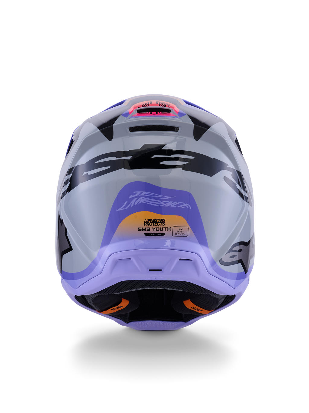 Alpinestars S-M3 Jettson Youth Helmet ECE 22.06, casco de motocross juvenil, vista trasera en gris, púrpura y negro brillante, con el gráfico de la firma de Jett Lawrence, logotipos negros y puertos de ventilación, acabado brillante para carreras off-road