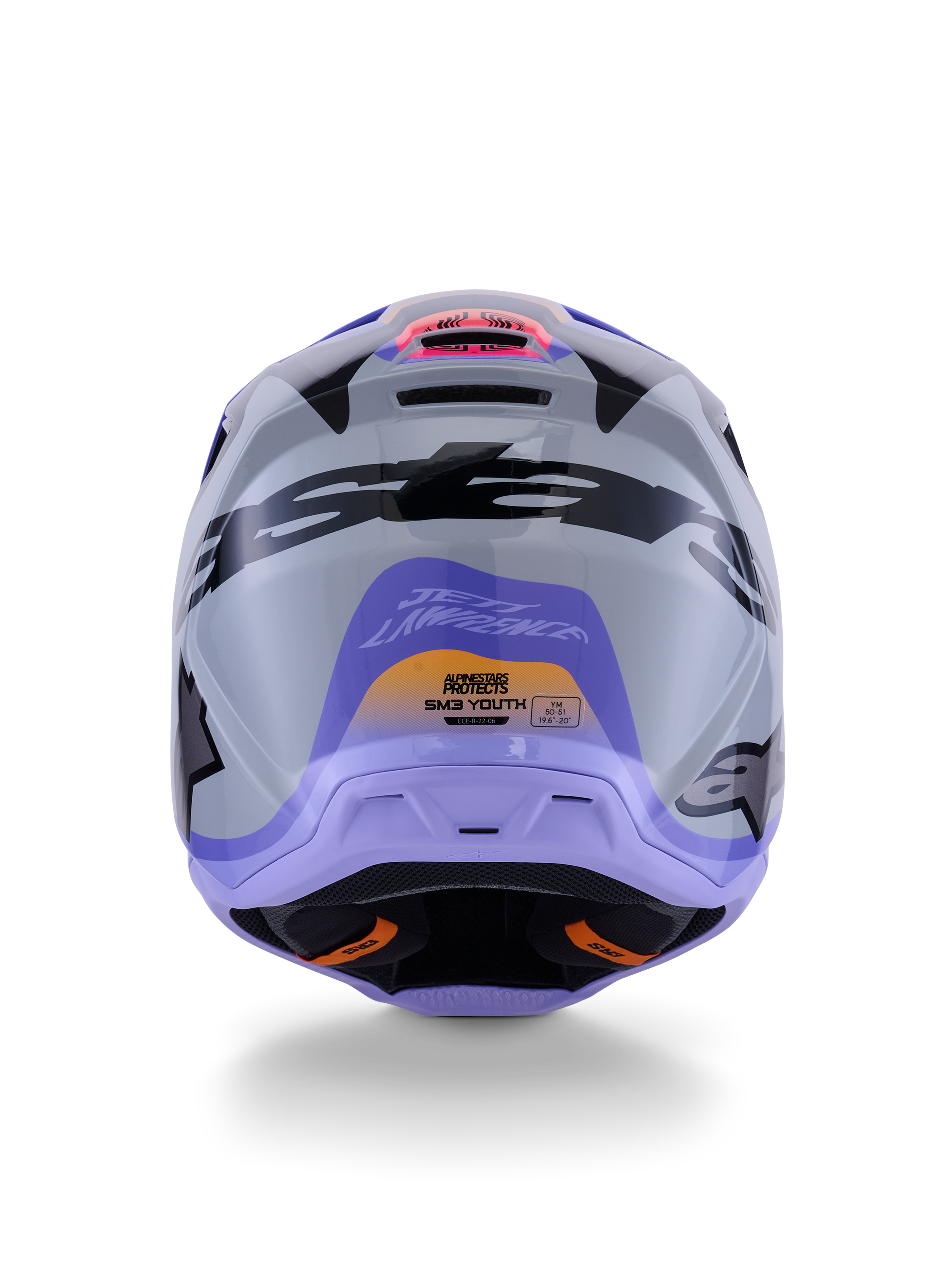 Casco Alpinestars S-M3 Jettson Youth, vista trasera, gris con gráficos brillantes en púrpura y negro, con el diseño de la firma de Jett Lawrence y logotipos de Alpinestars, casco de motocross para todoterreno