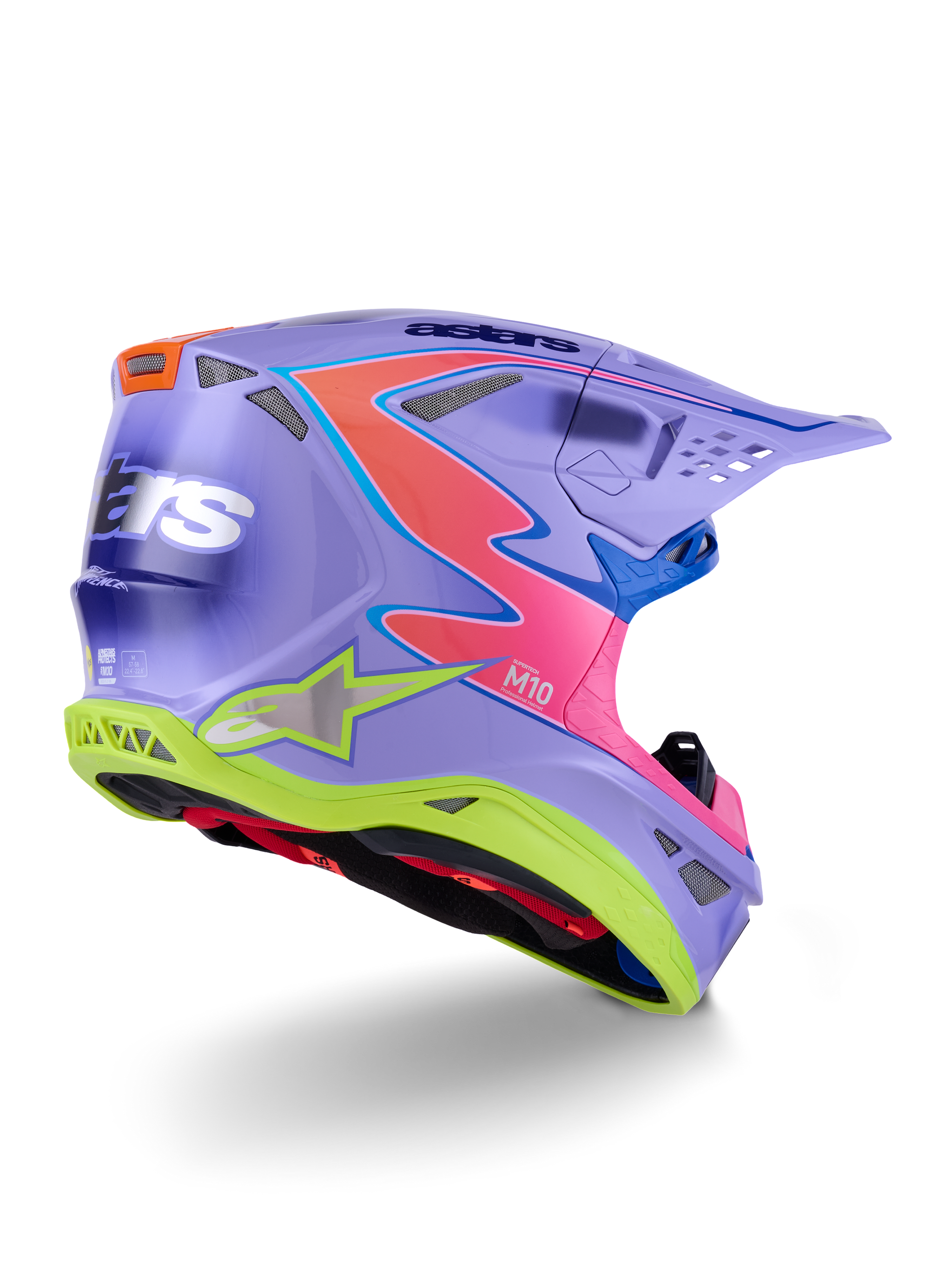 Casco Alpinestars Supertech M10 Jett Lawrence R01, casco de motocross, morado con detalles en rosa y amarillo fluorescente, diseño gráfico llamativo con el logotipo de Alpinestars, calota aerodinámica con puertos de ventilación y visera protectora