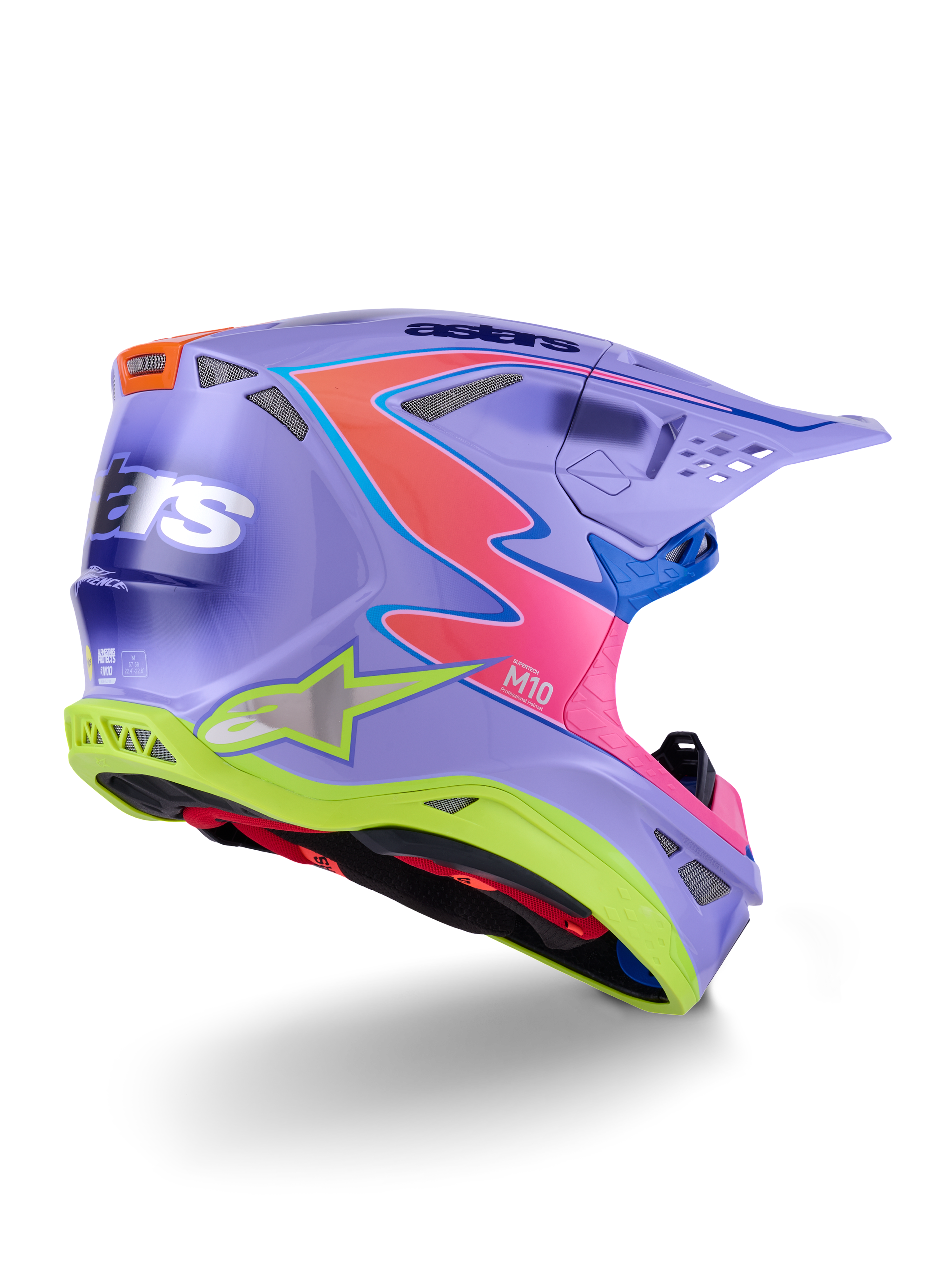 Casco Alpinestars Supertech M10 Jett Lawrence R01, casco de motocross, morado con detalles en rosa y amarillo fluorescente, diseño gráfico llamativo con el logotipo de Alpinestars, calota aerodinámica con puertos de ventilación y visera protectora