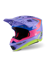 Casco Alpinestars Supertech M10 Jett Lawrence R01, casco de motocross, púrpura, rosa y amarillo fluorescente brillante, diseño aerodinámico con calota de carbono multicompuesto, múltiples puertos de ventilación y gráficos de carreras vibrantes para un rendimiento off-road