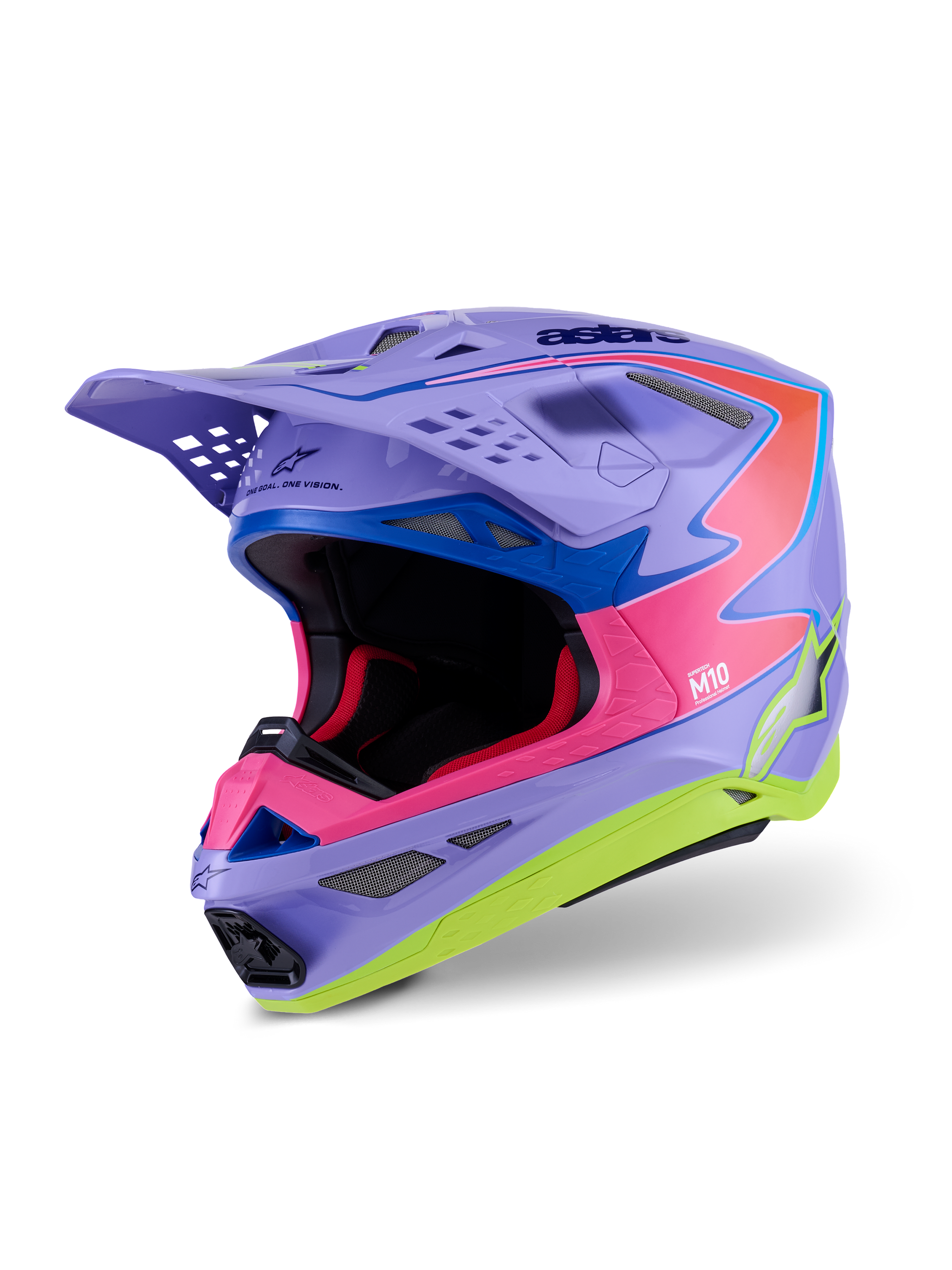Casco Alpinestars Supertech M10 Jett Lawrence R01, casco de motocross, púrpura, rosa y amarillo fluorescente brillante, diseño aerodinámico con calota de carbono multicompuesto, múltiples puertos de ventilación y gráficos de carreras vibrantes para un rendimiento off-road