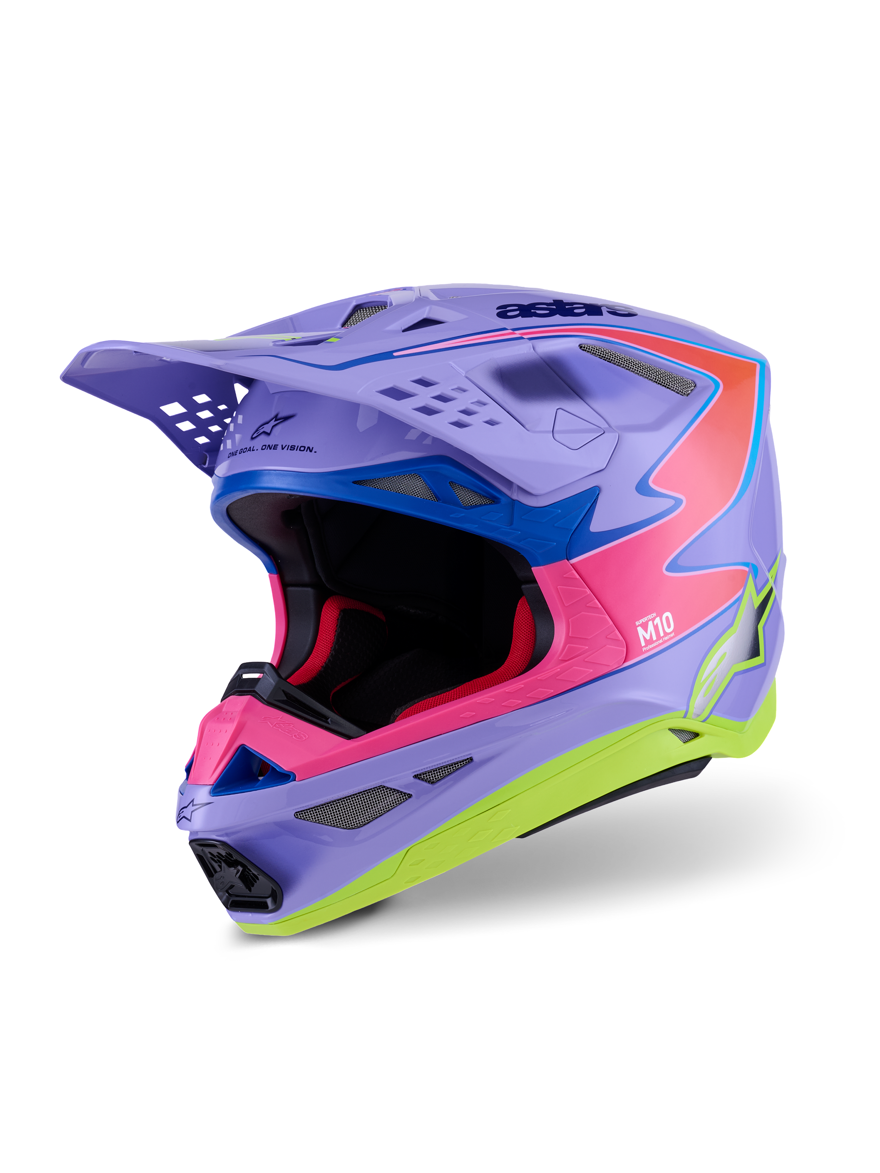 Casco Alpinestars Supertech M10 Jett Lawrence R01, casco de motocross, púrpura, rosa y amarillo fluorescente brillante, diseño aerodinámico con calota de carbono multicompuesto, múltiples puertos de ventilación y gráficos de carreras vibrantes para un rendimiento off-road