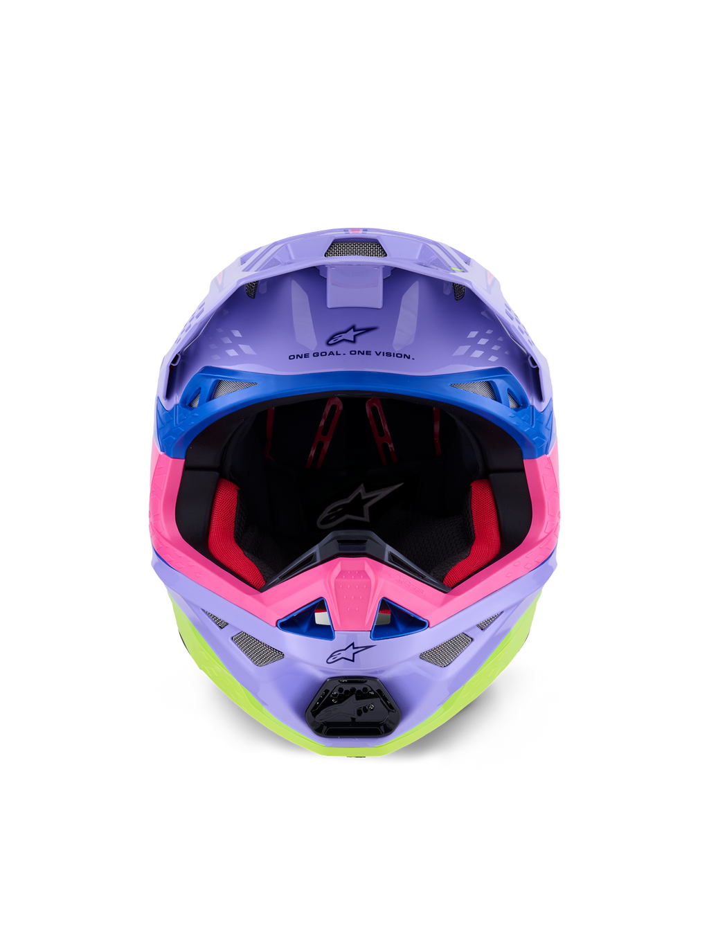 Casco Alpinestars Supertech M10 Jett Lawrence R01, casco de motocross, púrpura, rosa y amarillo flúor brillante, vista frontal que muestra el acolchado interior y la mentonera, 'ONE GOAL. ONE VISION.' impreso bajo la visera, gráficos de carreras coloridos con detalles en azul